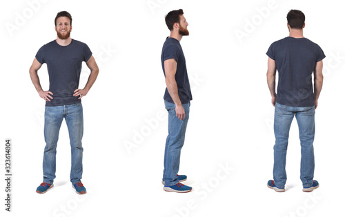 front, back and  profile with a man witht t shirt on white background photo