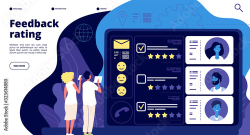 Feedback landing page. Customer satisfaction group review, clients opinion rating support. Product quality evaluation vector concept. Illustration customer feedback review, positive rating