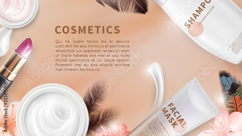 Cosmetics background. Top view cream lipstick bottles and tubes. Realistic cosmetic vector mockups. Advertising cosmetic care, cream and makeup illustration