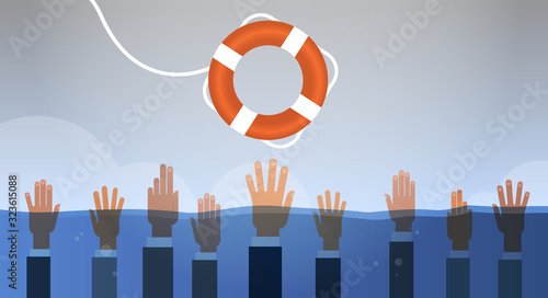 drowning businessmen hands in water getting one lifebuoy helping business to survive support rescue concept horizontal vector illustration