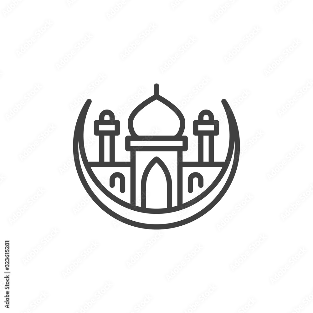 Islamic Mosque line icon. linear style sign for mobile concept and web design. Muslim moon and Mosque outline vector icon. Ramadan kareem symbol, logo illustration. Vector graphics