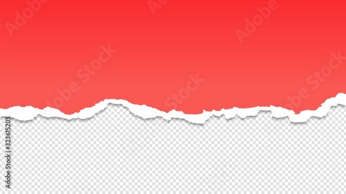 Torn paper. Half paper sheet vector illustration. Torn red sheet isolated on transparent background. Page divider, paperwork ripped, scrap paper damaged