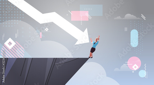 bankrupt businesswoman pushed in abyss by downward arrow financial loses crisis bankruptcy failure recession investment risk concept full length horizontal vector illustration