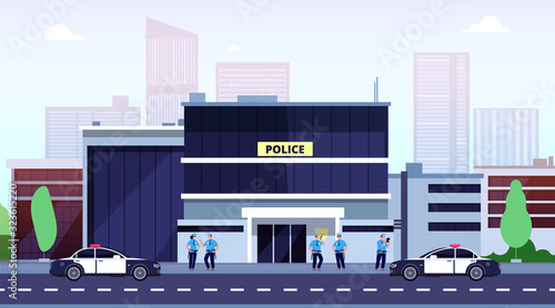 Police station. City police department building and cops. Policeman car at office security exterior. Law enforcement vector concept. Police station city, building department illustration