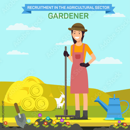 Woman with Rake near Flower Bed on Farm. Gardener. Recruitment in Agricultural Sector. Vector Illustration. Explore Workflow. Smiling Woman Grows Plants in Field. Haystack and White Goats.
