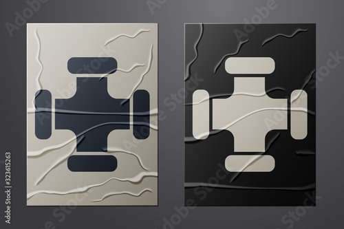 White Industry metallic pipe icon isolated on crumpled paper background. Plumbing pipeline parts of different shapes. Paper art style. Vector Illustration