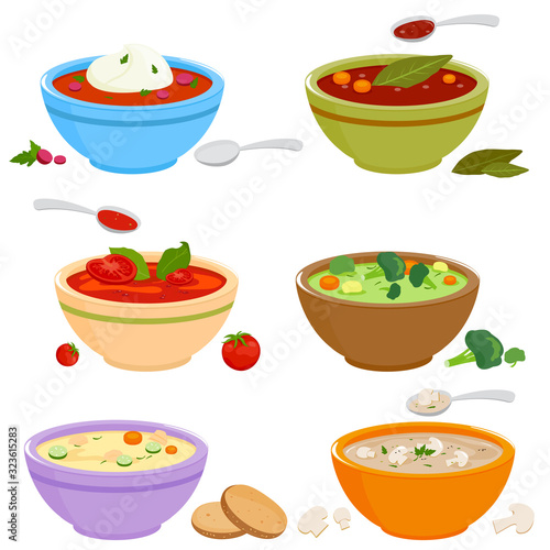 Bowls of different types of soup. Vector illustration set