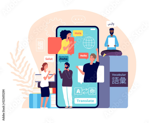 Foreign greeting. Multilingual hello, different languages. Cartoon people diverse countries saying hi. International chat vector concept. Communication language, various say hello illustration