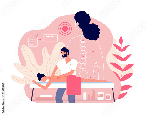 Massage. Woman enjoy relaxing spa. Professional body and muscle pain treatment with doctor. Wellness and healthcare vector concept. Body massage and spa, wellness medical chiropractor illustration