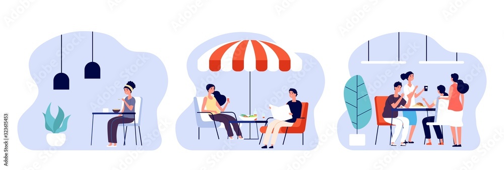 People eating. Women man have lunch, breakfast or dinner in different places. Cafe, restaurant and office dining room. Dating and meeting vector illustration. Breakfast dinner in cafe or cafeteria