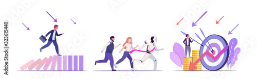 set businesspeople frustrated about financial crisis bankrupt investment risk competition concepts collection full length horizontal vector illustration