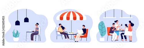 People eating. Women man have lunch, breakfast or dinner in different places. Cafe, restaurant and office dining room. Dating and meeting vector illustration. Breakfast dinner in cafe or cafeteria