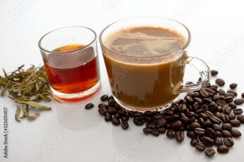 Hot coffee and hot tea on a white background