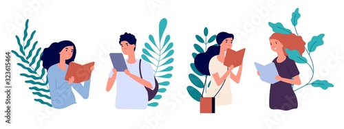 Reading people. Men women with books, students learning. Vector teaching concept. Illustration man and woman learning and read