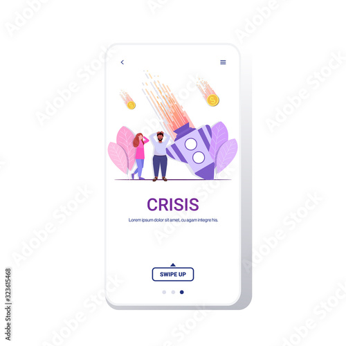 sad businesspeople standing near fallen rocket startup failure crash project financial crisis bankruptcy business falling concept copy space smartphone screen mobile app vector illustration