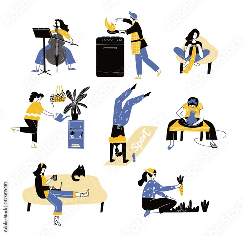 Collection of people enjoying their hobbies - home gardening, culinary, sewing, floristics,pottery, writing, violoncello playing. Colorful vector illustration in flat cartoon style.
