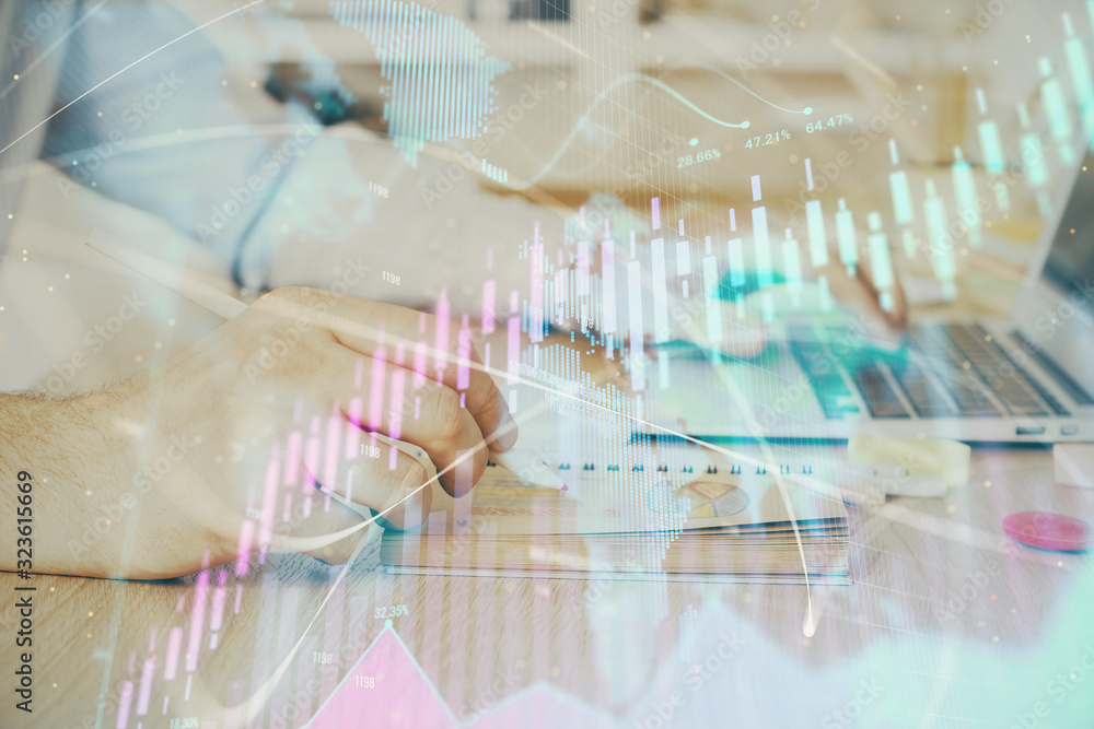 Multi exposure of financial graph with man works in office on background. Concept of analysis. Multi exposure of financial graph with man works in office on background. Concept of analysis.