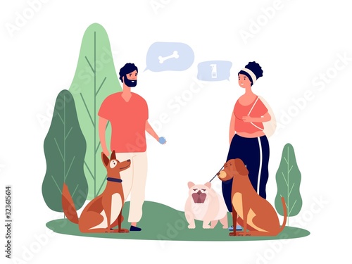 Pet owners. People walking pets, man and woman with dogs. Happy couple characters. Game with animals and communication vector illustration. Man and woman, people owner with pet dog