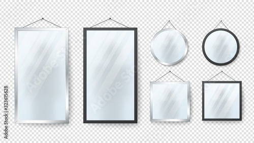 Realistic mirror. Rectangle, round reflection mirrors with metal and black frames isolated on transparent background. Shiny silver interior vector collection. Illustration mirror rectangle and circle