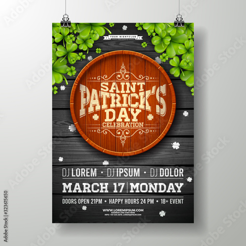 Saint Patricks Day Celebration Party Flyer Illustration with Clover and Typography Letter on Vintage Wood Background. Vector Irish Lucky Holiday Design for Poster, Banner or Invitation.
