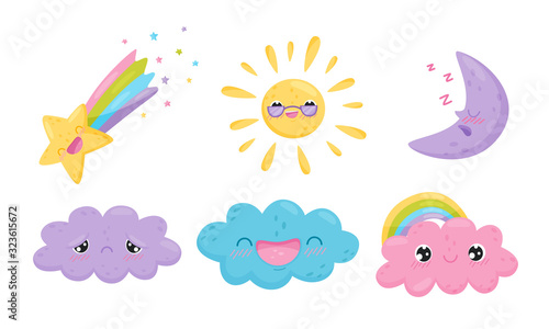 Clouds and Celestial Bodies Smiling and Feeling Sadness Vector Set