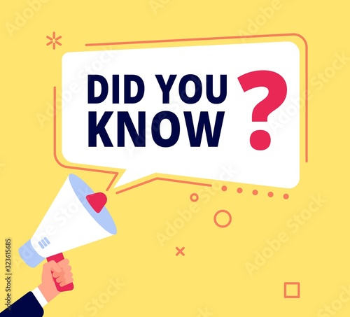 Did you know. Innovative facts, question banner or quiz idea. Fun speech bubble, marketing and promotion, sales. Vector thinking concept. Illustration question banner, bubble discussion or advice