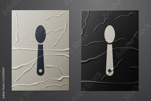 White Heroin in a spoon icon isolated on crumpled paper background. Concept of drug addiction and dependence from the narcotic. Junkie lifestyle. Paper art style. Vector Illustration