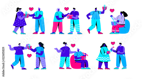 Set of men and women opening gift boxes. Collection of people unwrapping or unboxing holiday presents. Bundle of romantic couples celebrating Saint Valentine's Day. Flat cartoon vector illustration.