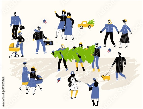 Set of cartoon people in winter outerwear clothes. Including various lifestyles and ages like businessman, man, woman, teenagers, seniors in outdoor activities. Characters flat illustrations.