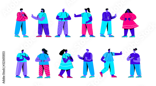 Set of cute boys and girls showing negative gestures or expressing emotions. Bundle of young men and women demonstrating disagreement, rejection, disapproval. Modern flat blue vector illustration.