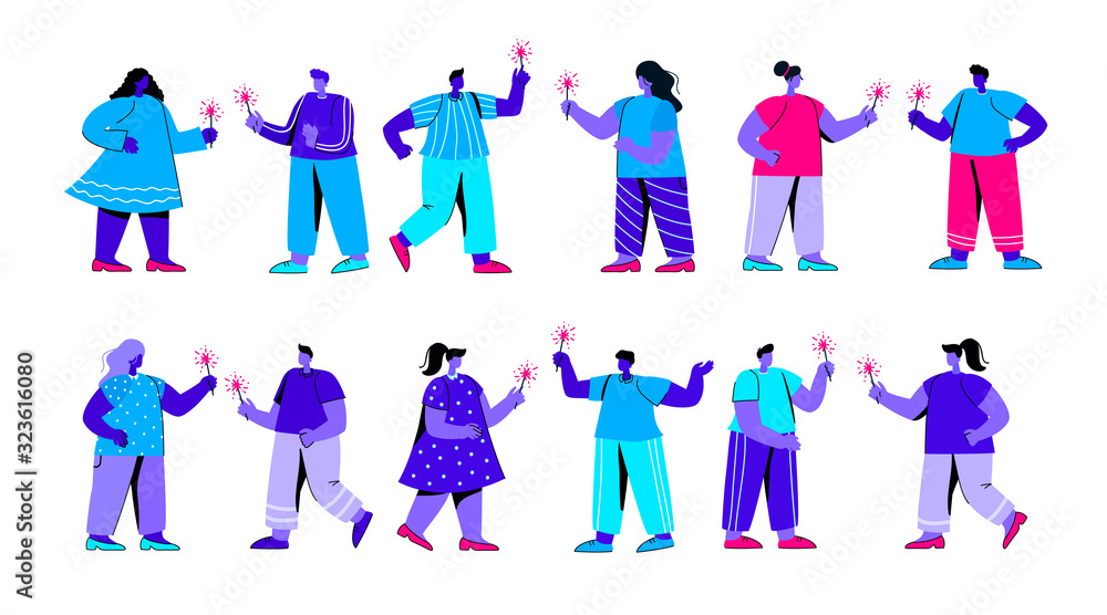 Set of joyful boys and girls with sparklers having fun at festive party or festival. Collection of male and female characters rejoicing and celebrating holiday. Modern flat blue vector illustration.