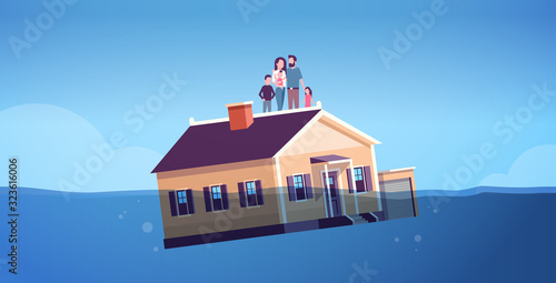 house with family sinking in water real estate housing crisis business of mortgage rates bankruptcy concept parents and children floating with home horizontal full length vector illustration