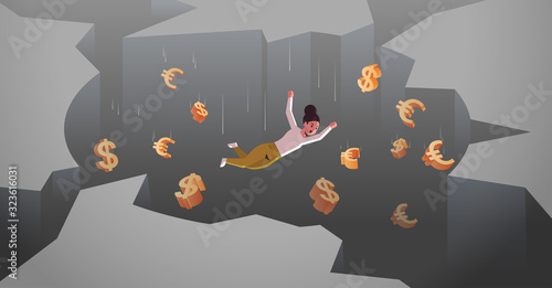 businesswoman with dollar euro signs falling down in hole abyss financial crisis bankruptcy concept horizontal full length vector illustration