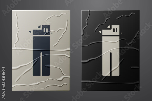 White Lighter icon isolated on crumpled paper background. Paper art style. Vector Illustration