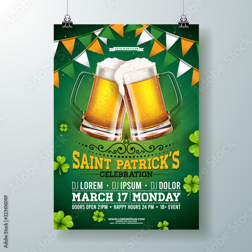 Saint Patricks Day Party Flyer Illustration with Beer, Flag and Clover on Green Background. Vector Irish Lucky Holiday Design for Celebration Poster, Banner or Invitation.