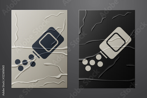 White Medicine bottle and pills icon isolated on crumpled paper background. Bottle pill sign. Pharmacy design. Paper art style. Vector Illustration