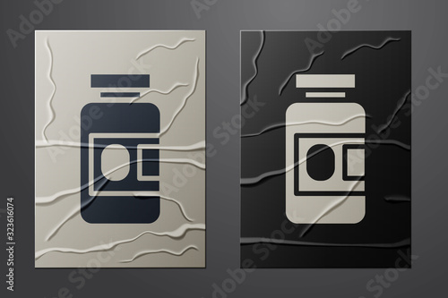 White Medicine bottle and pills icon isolated on crumpled paper background. Bottle pill sign. Pharmacy design. Paper art style. Vector Illustration