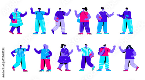 Set of joyful college or university students after examination. Collection of boys and girls with books rejoicing after exam. Bundle of happy classmates or schoolmates. Flat blue vector illustration.