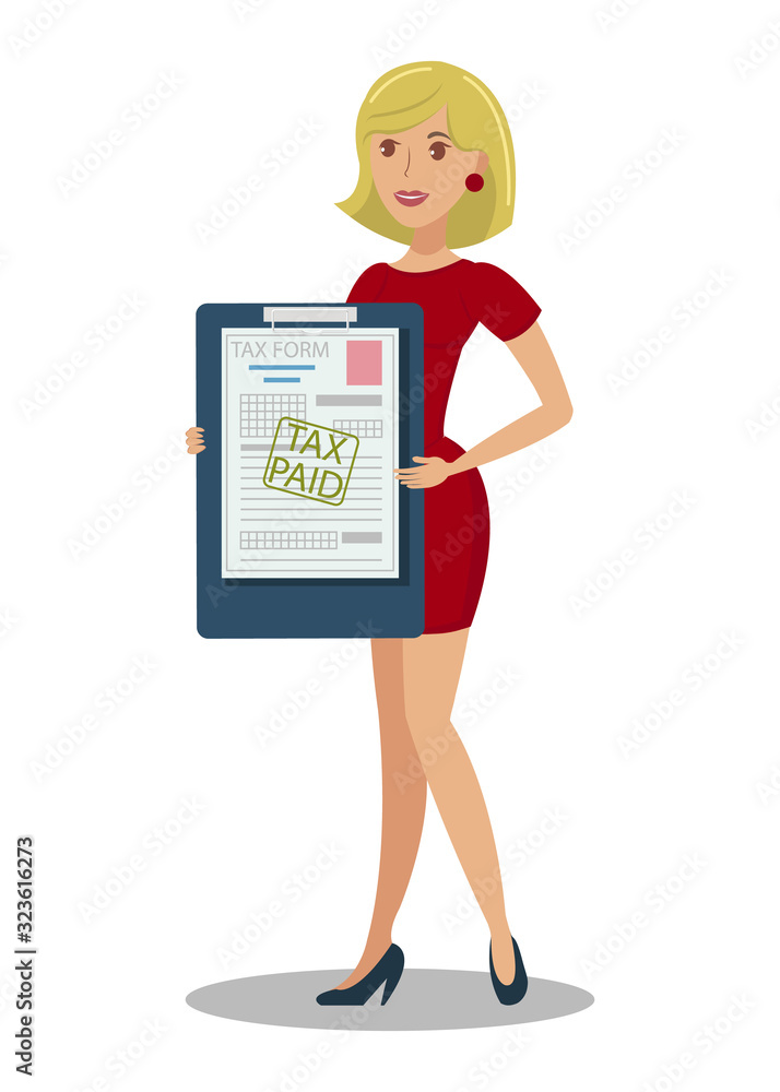 Taxpayer Holding Document Flat Vector Illustration. Female Financial, Legal Advisor Cartoon Character. Tax Paying Certificate, Form, Blank. Public Finance, Economy Study, Government Taxation Taxpayer Holding Document Flat Vector Illustration. Female Financial, Legal Advisor Cartoon Character. Tax Paying Certificate, Form, Blank. Public Finance, Economy Study, Government Taxation