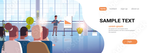 businessman presenting falling down arrow for businesspeople at conference meeting decrease economical financial crisis failure concept full length horizontal copy space vector illustration