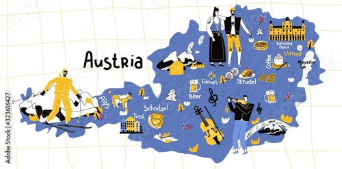 Austria map flat hand drawn vector illustration. Names lettering and cartoon landmarks, tourist attractions cliparts. Vienna travel, trip comic infographic poster, banner concept design