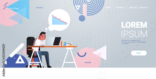 businessman frustrated about falling economic graph arrow fall down financial crisis bankrupt investment risk concept business man sitting at workplace horizontal copy space full length vector