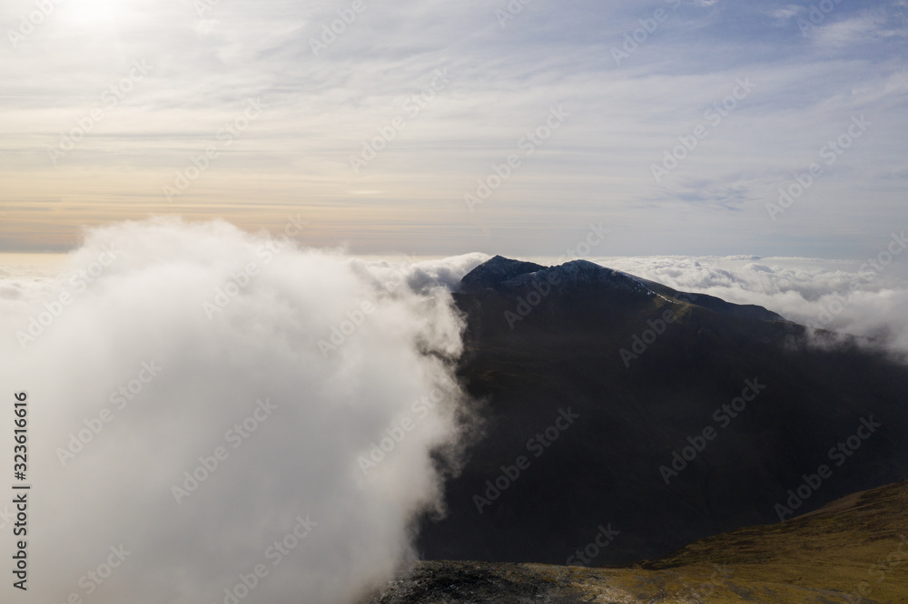 Mount Snowdon with low cloud in Snowdonia National Park in Wales, UK