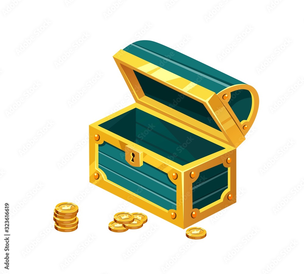 Opened green treasure chest icon on white background vector illustration. Empty wooden antique pirate chest flat style design. Golden coins near box. Riches concept Opened green treasure chest icon on white background vector illustration. Empty wooden antique pirate chest flat style design. Golden coins near box. Riches concept