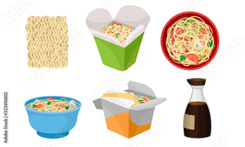 Asian Wok Udon Noodles in Paper Box and in Ceramic Bowl with Sliced Vegetable Ingredients Side View Vector Set