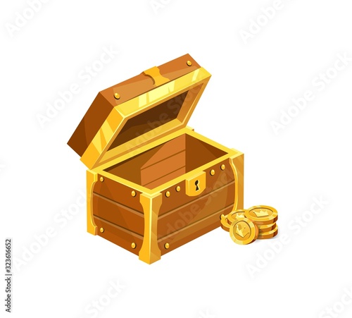 Antique wooden treasure chest icon with coins vector illustration. Brown wooden box with golden shining stripes and keyhole flat style design. Riches concept. Isolated on white background