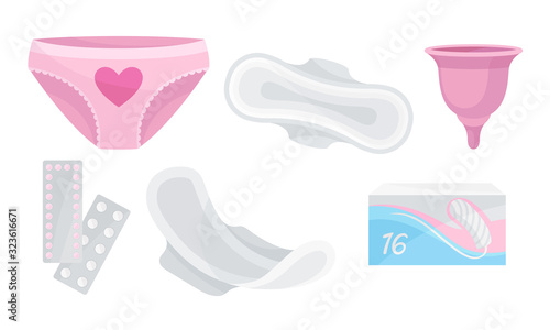 Intimate Woman Hygiene with Sanitary Towels and Tampons Vector Set