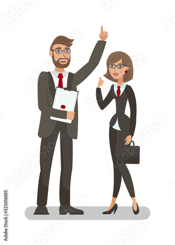 Cheerful Office Workers Flat Vector Illustration. Businessman and Businesswoman in Suits Cartoon Characters. Business Coaching, Mentoring, Financial Literacy Courses. Successful Entrepreneurship