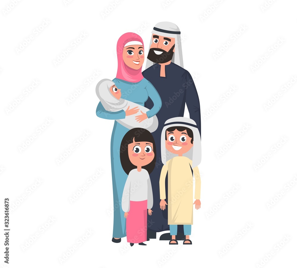 Happy muslim family with boy and girl and infant vector illustration. Parents with cheerful children flat style design. Respecting traditions and culture concept. Isolated on white