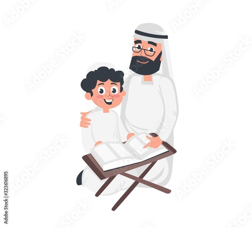 Muslim arab boy and grandfather reading koran vector illustration. Grandson and grandpa in national costumes flat style design. Happy family concept. Isolated on white